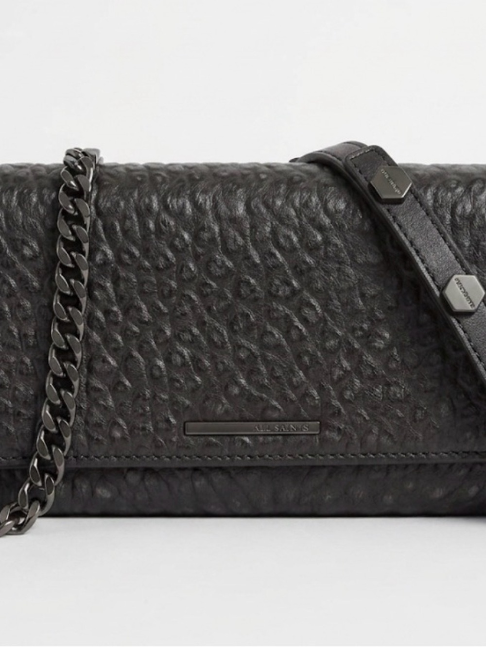 All Saints Black Textured Leather Crossbody with Gunmetal Chain